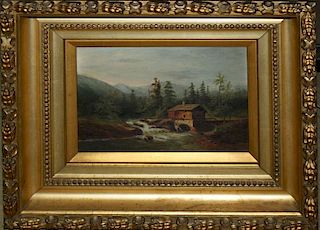 19th c American School landscape with watermill 7 x 10" unsigned George Reyneal Jr. Artist supplies label on stretcher