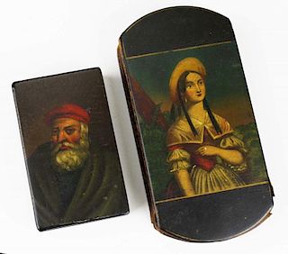 early 19th c lacquered pocket box with a hand painted portrait of a young woman on the lid, sold with an early 19th c lacquer