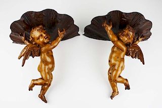 20th c Italian carved wooden putti wall brackets, ht 11”