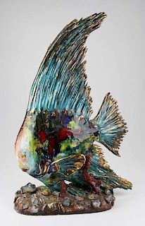 large Mid-century Italian glazed terra cotta fish sculpture in bold colors with gilt accents 23" x 15" x 6" -chips and losses