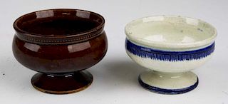 two early 19th c master salts, Leeds blue feather edge & Albany glaze, dia 3”, hts 1 3/4”- 2”