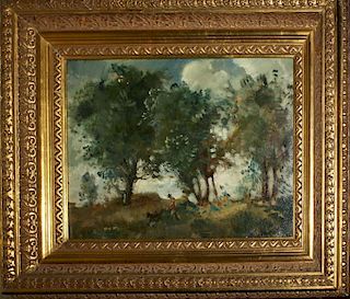 20th c American school oil on masonite of hunter and dog signed illegibly 12 x 16"
