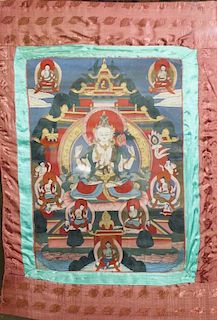 19th c Tibetan Thangka painting on paper backe dwith silk, framed, 22” x 15” image size, 47” x 34.5” overall