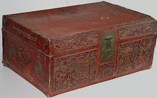 19th century red leather Chinese trunk with impressed 4 toed dragon design 29 x 18 x 10"