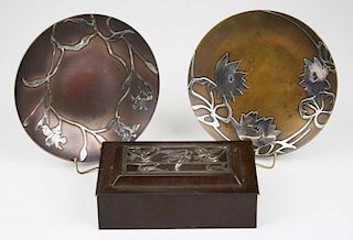 three early 20th c Heintz Art Metal Shop sterling on bronze pcs, 2 plates dia 6”, & box length 5 3/4”