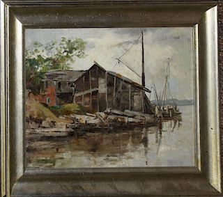 20th c unsigned Rockport School o/c of dock buildings and boat 12 x 18" relined and restretched