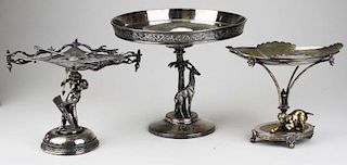 lot of 3 unusual silver plated figural calling card tray tazas by Reed & Barton and Simpson, Hall & Miller incl. dog, giraffe
