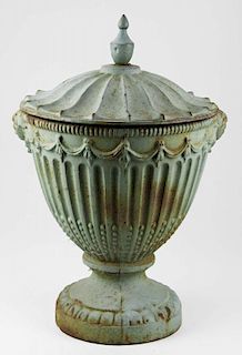 20th c cast iron urn with lid, dia 12.5”,  ht 20”