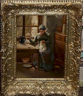 19th c European school genre interior of woman sewing 13 x 9" signed illegibly lower left possibly Vertes o/c laid on masonit