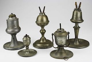 5 pcs of early 19th c lighting including whale oil & camphene, one with trunion frame, & small sparking whale oil lamp signed