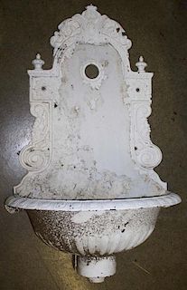 Late 19th c enameled cast iron water font, ht 29”, overpainted