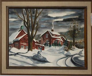 Ki Wright (VT 20th c ) Home in Winter signed lower right wc 18 x 24"