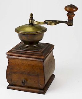 early 19th c brass & mahogany coffee grinder with hand cut dovetails & OG molded sides, ht 9.5”