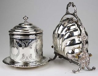 Rogers silverplated folding biscuit box serving dish and English Victorian silver plated biscuit jar with engraved profile po