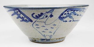 late 18th c – early 19th Korean blue & white bowl with  bird decoration, interior kiln scar, unglazed base rim, dia 8.5”, ht