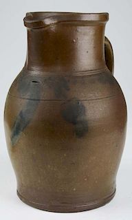 mid 19th c Pennsylvania stoneware pitcher, dark burnt cobalt decoration, ht 10 3/4”