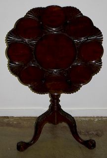 Chippendale style carved mahogany tilt top oyster plate table. Diameter 27¼".