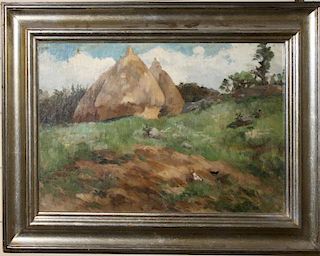 20th c European school landscape with haystacks 12 x 20"  o/c relined and stretched