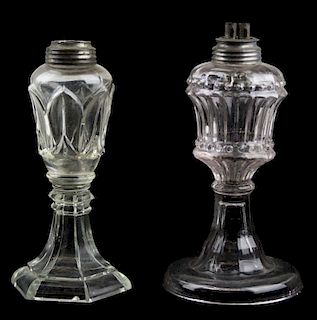 two early 19th c pattern glass whale oil lamps, one with burner, ht 6.5”