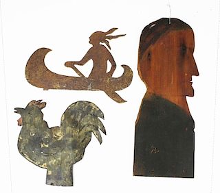 three folky late 19 th c – early 20th c silhouettes of tin rooster, steel Indian in canoe, & man painted on a cedar shake, ht