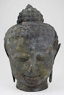 20th c Cambodian Khmer cast metal bust of Buddha, ht 13”