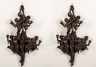 ELABORATE PAIR OF FRENCH BRONZE 7 LIGHT WALL SCONCES