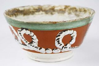 early 19th c mocha bowl with earthworm decoration, dia 7”, ht 3.5”, chip & crack, heavy calcium scale in interior