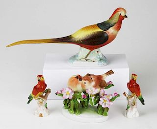 Four Herend porcelain bird figures incl. pheasant, two parrots, and songbird group (songbirds damaged) 4"-12.5"