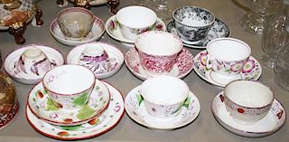 10 early 19th c. soft paste porcelain handleless cups and saucers incl Lowestoft, sponge decorated, pink lustre, transferware