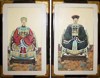 pr of decorative 20th c Chinese dowager type court pictures, printed, with hand painted white accents, well framed, 42” x 22.