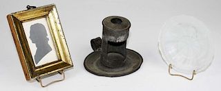 early 19th c tin chamber candlestick, silhouette, & Boston & Sandwich clambroth pressed glass cup plate