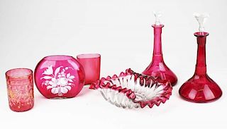 lot of 6 pcs of Victorian cranberry glass incl pair of cut decanters and ruffled bowl- decanter stopper replaced