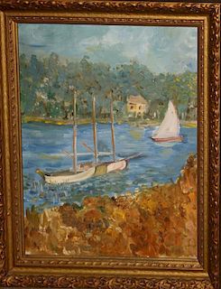 20th C American School o/c placid scene of a lake with sail boats signed Hirsch lower left 20 x 16"