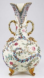 early 20th c Japanese moriage double handled vase, ht 16 3/4”