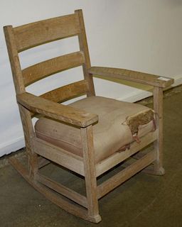 Oak arts and crafts rocker as found, stripped finish.