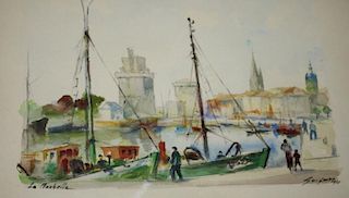 Mid Century European watercolor signed Suisnier "La Rochelle" boats in the harbor 9 x 13"