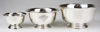 Three Paul Revere type sterling silver footed bowls by various makers  14.7 troy oz. 3", 5", 6"