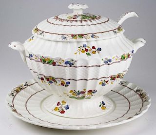 Copeland Spode "Spode Cowslip" porcelain soup tureen with ladle and undertray 11" x 13", 14" dia.