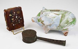 scroddleware piggy bank, tin rattle “For A Good Child”, & mother of pearl inlaid folding daguerreotype case (chipping, losses