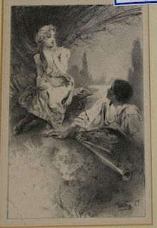After Alphonse Mucha 8 x 5" Lithograph of a lady and her suitor