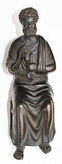 late 19th c 2 part bronze statue of an apostle, halo missing, ht 11”