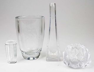 Four pcs. Orrefors blown crystal art glass incl, candle holder, bud vase, bouquet vase,  toothpick holder and candle holder 3