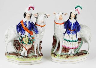 pair of 19th c. Staffordshire pottery mantel figures of Scottish man and woman with sheep 8" x 5.5" 1 figure w/ old repairs