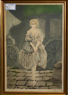 Louis Icart (French 1888-1950) pencil signed AP drypoint and aquatint of Demure young lady exiting carriage 21 x 14"