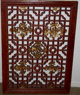 19th c Chinese red and gilt paint carved lattice window, Fujian Province. 48" x 34½"