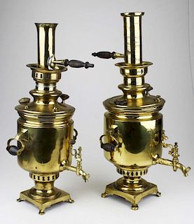 two early 20th c brass samovars, signed in cyrillic ht 16”, overall ht 20”, 21”