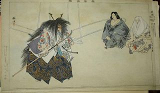 Six early 20th c Japanese wood block Ukiyo-e prints theatrical scenes, winter scenes etc