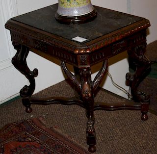 20th c marble top side table with carytyd supports 19 x 25"