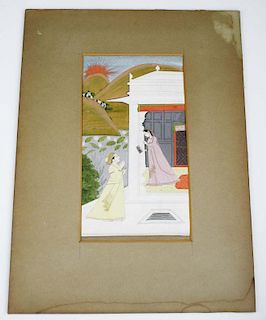 19th c Persian watercolor illustrated manuscript page, hand written reverse, 8” x 4.5”
