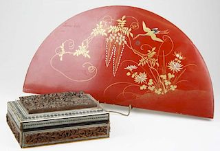 early 20th c Indo-Persian carved & inlaid box, losses, sold with a mid 20th c Japanese red lacquered fan box, boxboard lower